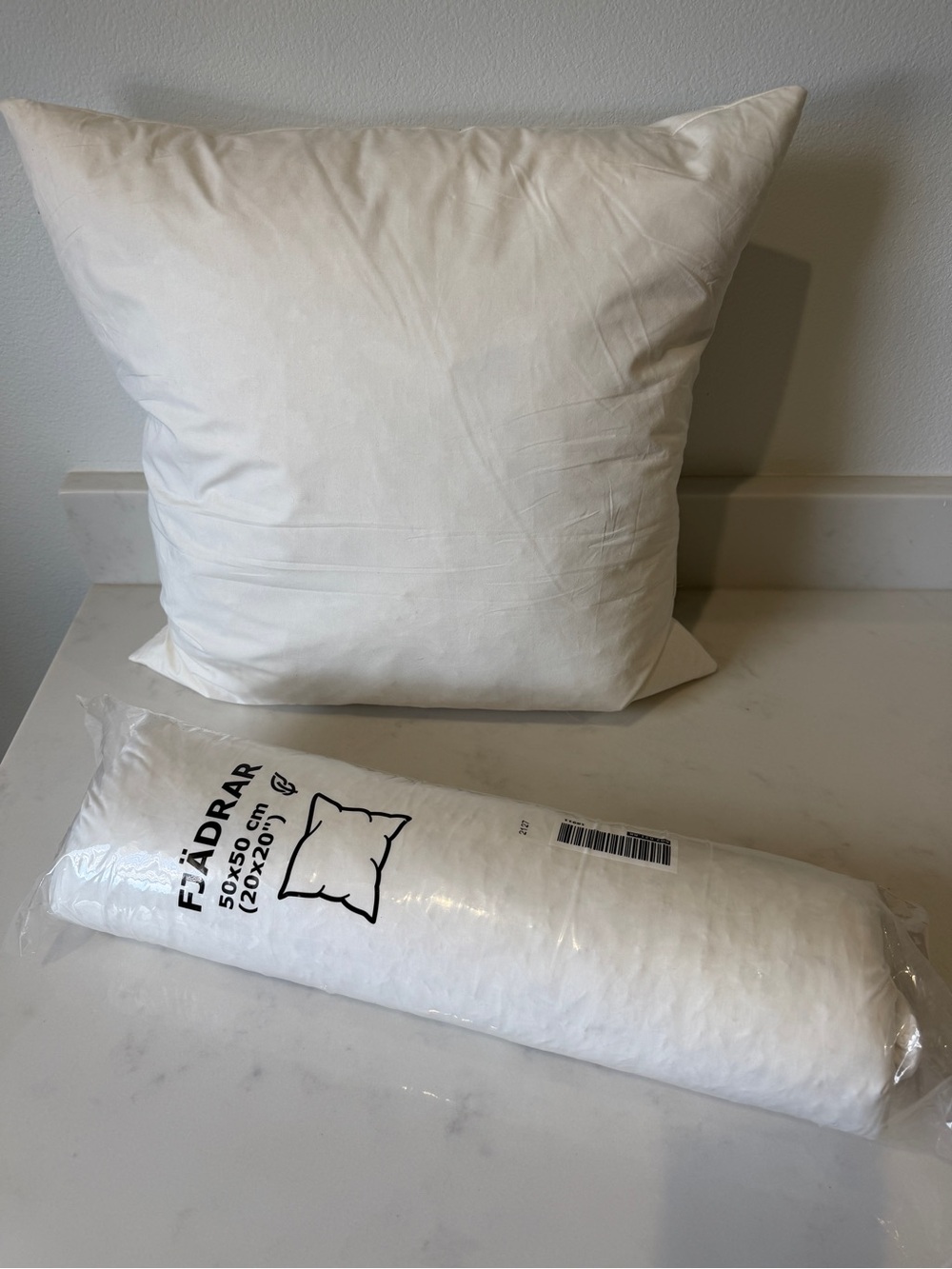 IKEA, FJADRAR, Plush White Filled Pillow - 20x20, set of 2